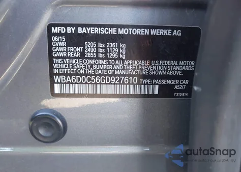 2016 BMW 640I Gran Coupe z USA, uszkodzony, nr VIN WBA6D0C56GD927610